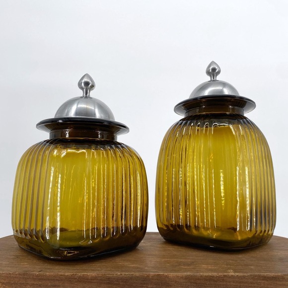 Gothic Castlecore Witchy Amber Glass Apothecary Decor Set Ribbed Jars Alter - Picture 3 of 12